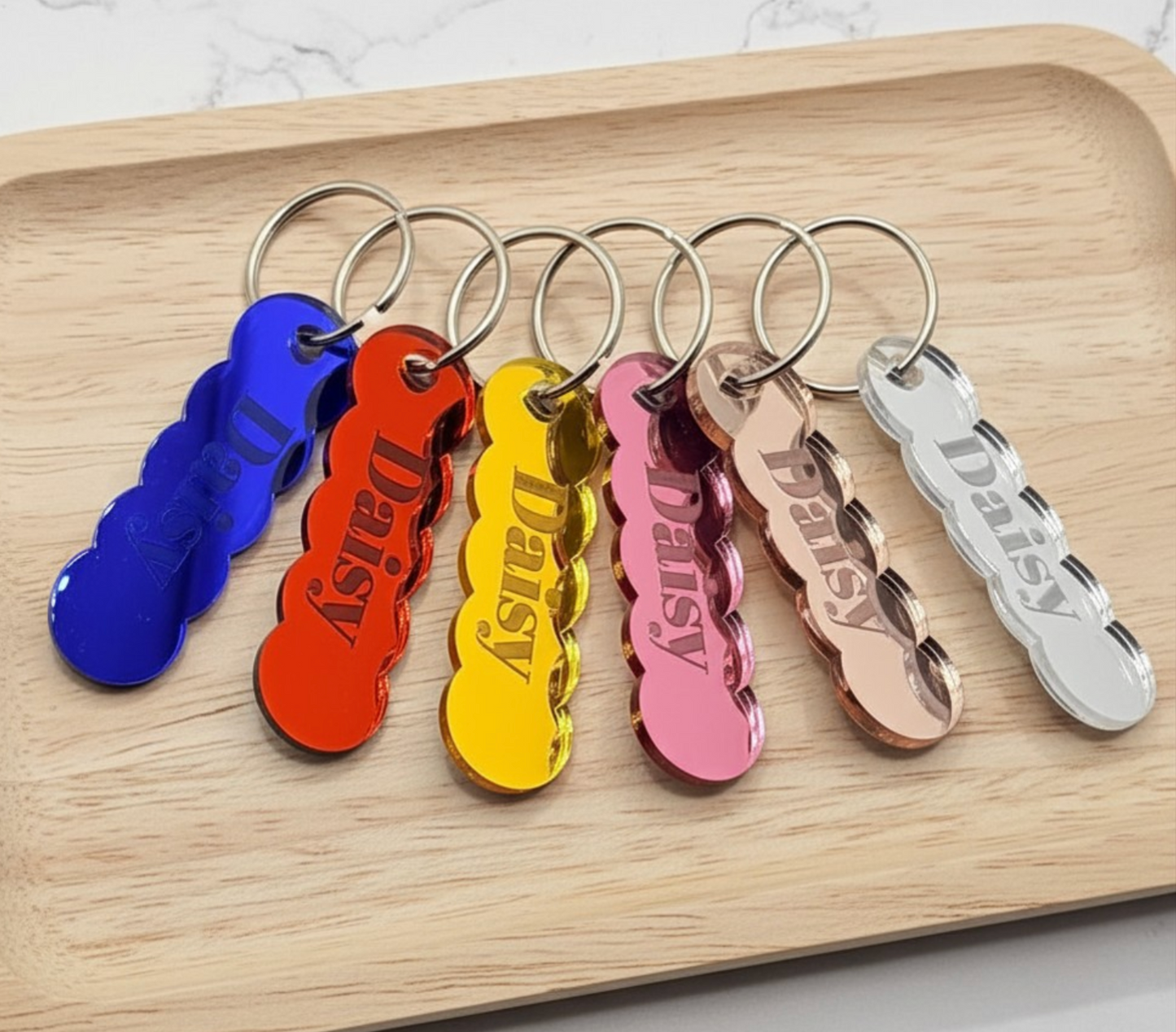 Custom Engraved Mirror Acrylic Keychain | Scallop Name Key Tag with Heart Hole (2.5" x 0.75")