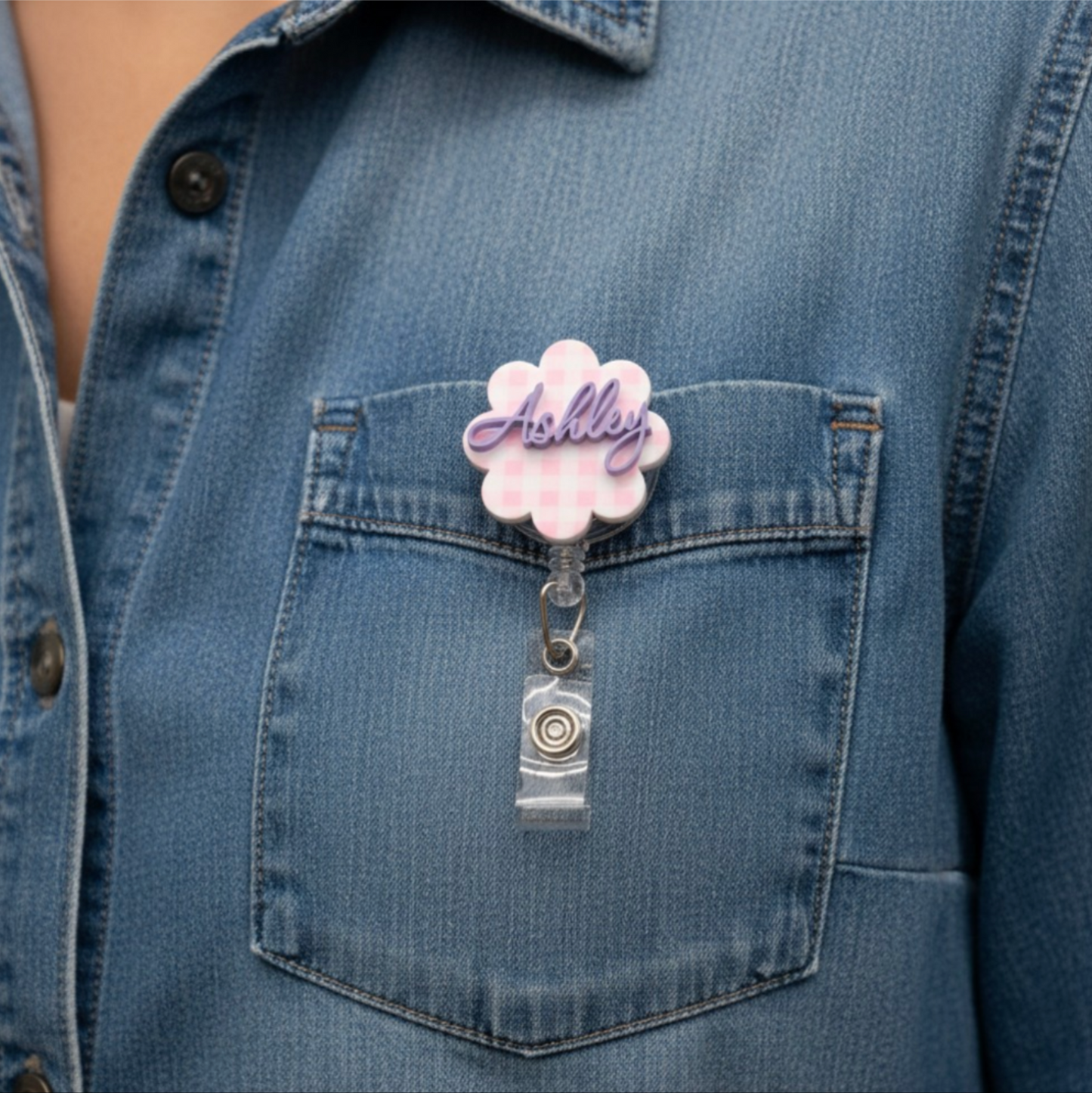Custom Acrylic Name Badge | Pink & White Mini Checkerboard Scallop Tag (1.50" x 1.50")