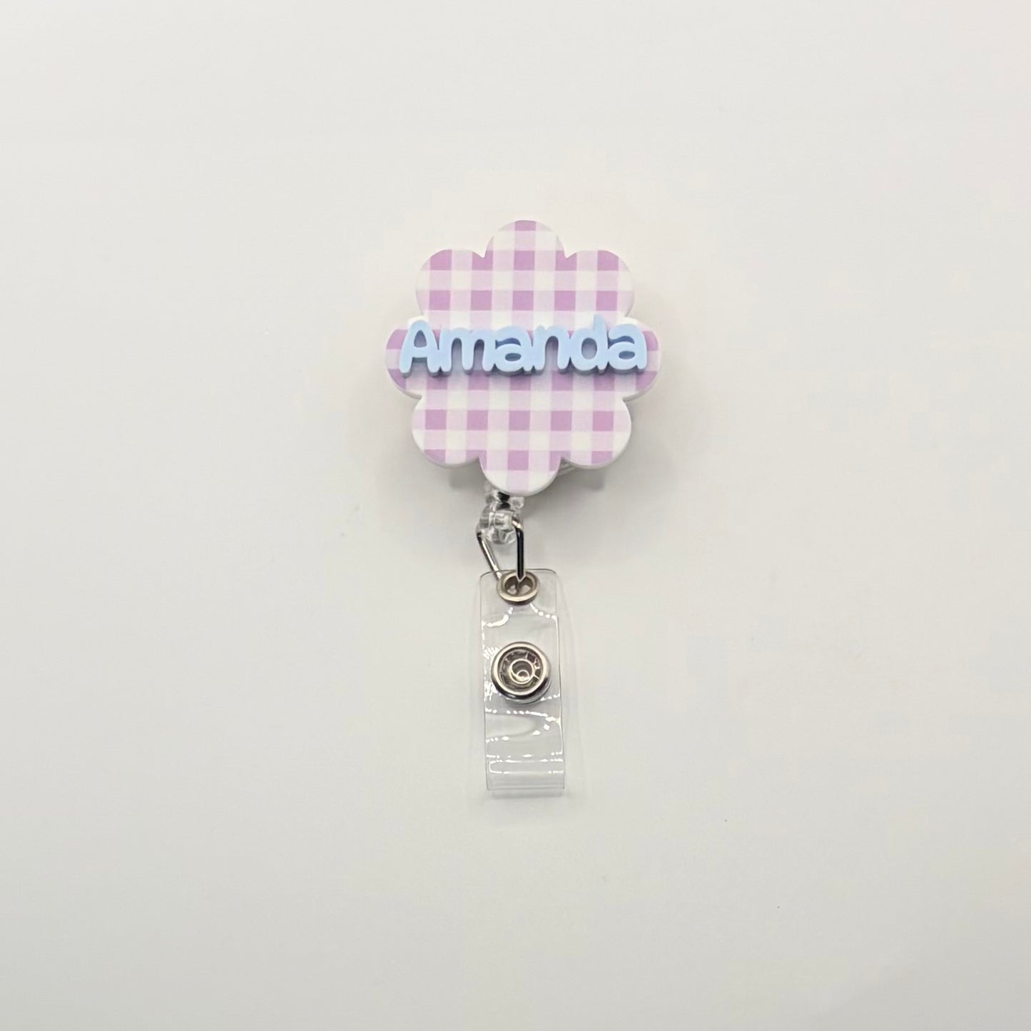Custom Acrylic Name Badge | Lilac & White Mini Checkerboard Scallop Tag (1.75" x 1.75")