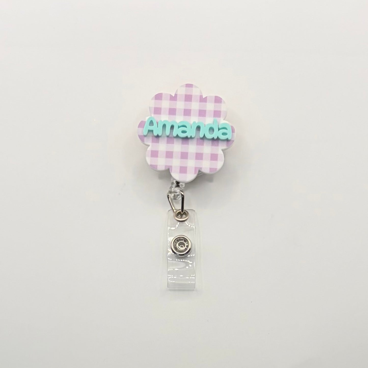 Custom Acrylic Name Badge | Lilac & White Mini Checkerboard Scallop Tag (1.75" x 1.75")