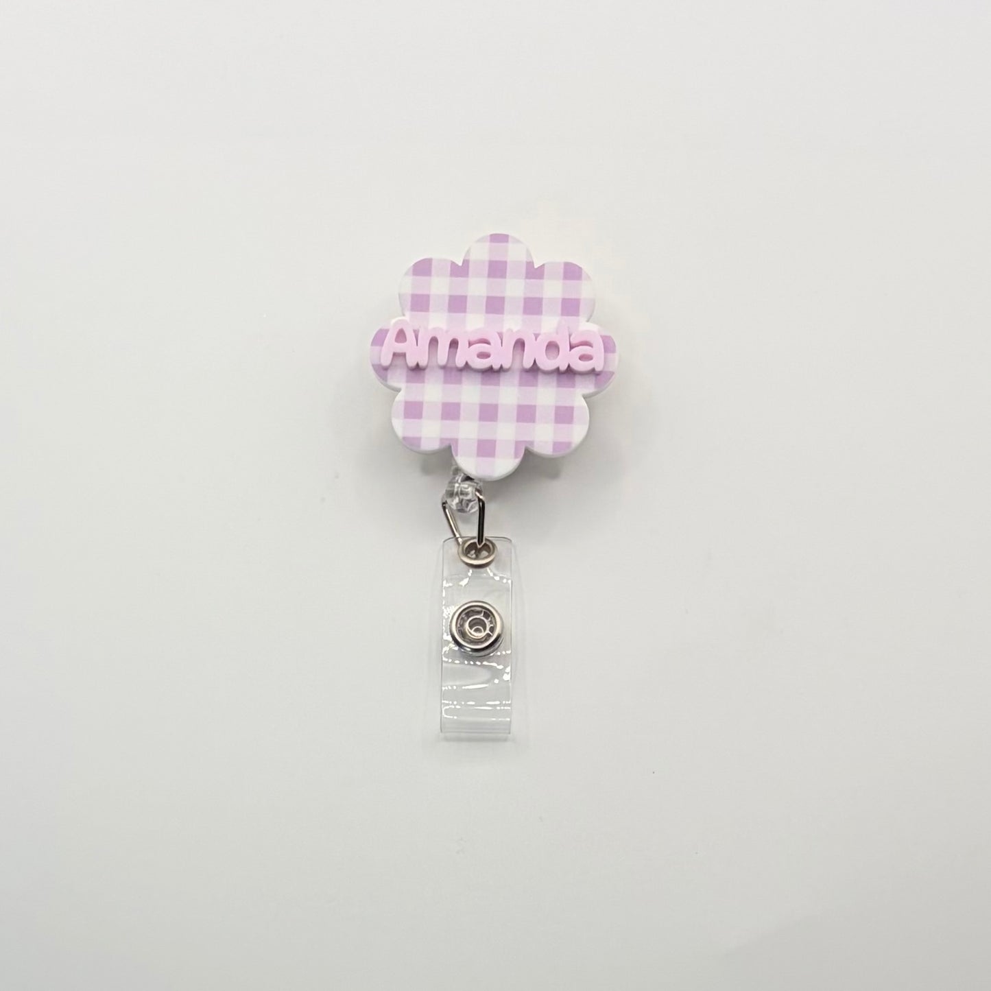Custom Acrylic Name Badge | Lilac & White Mini Checkerboard Scallop Tag (1.75" x 1.75")