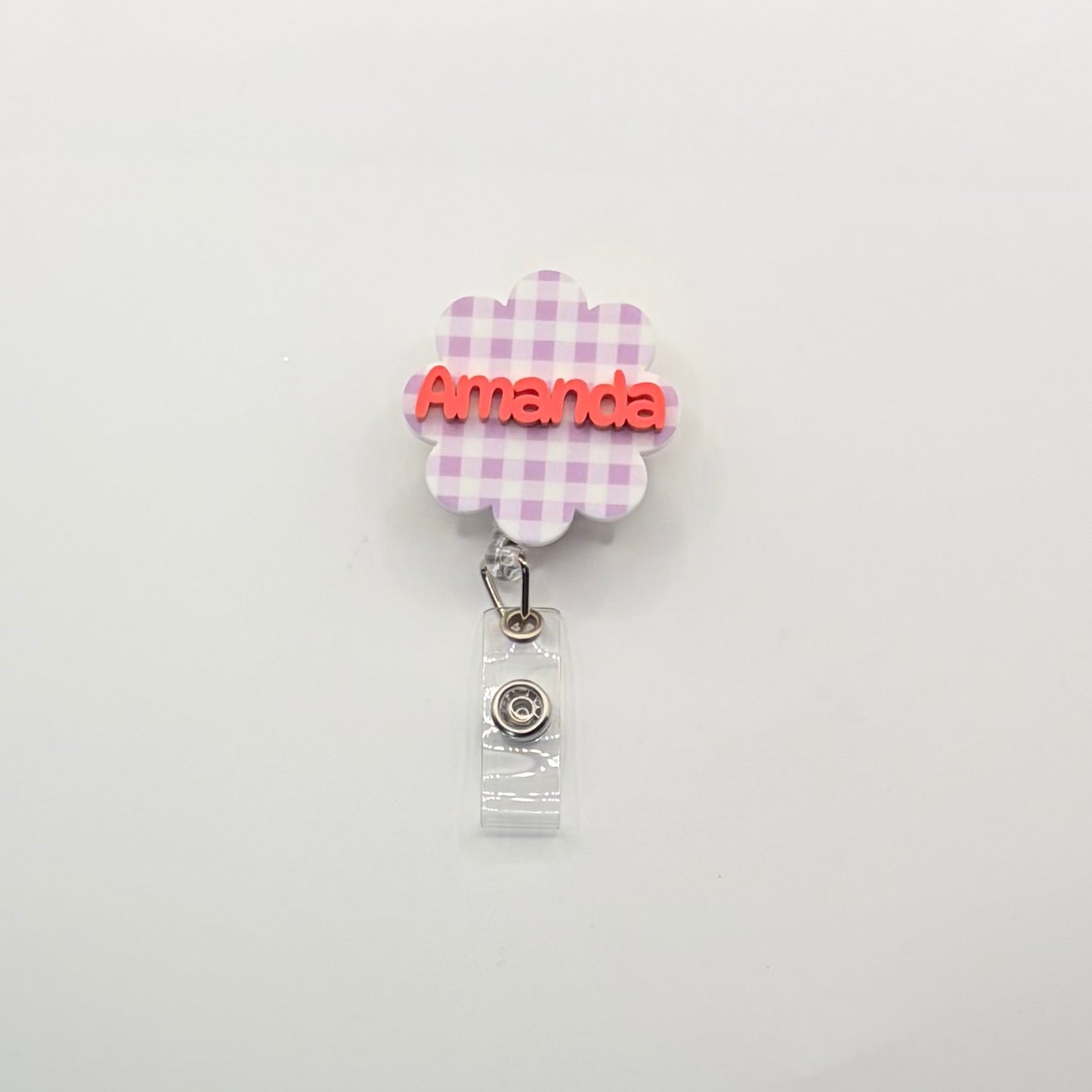 Custom Acrylic Name Badge | Lilac & White Mini Checkerboard Scallop Tag (1.75" x 1.75")