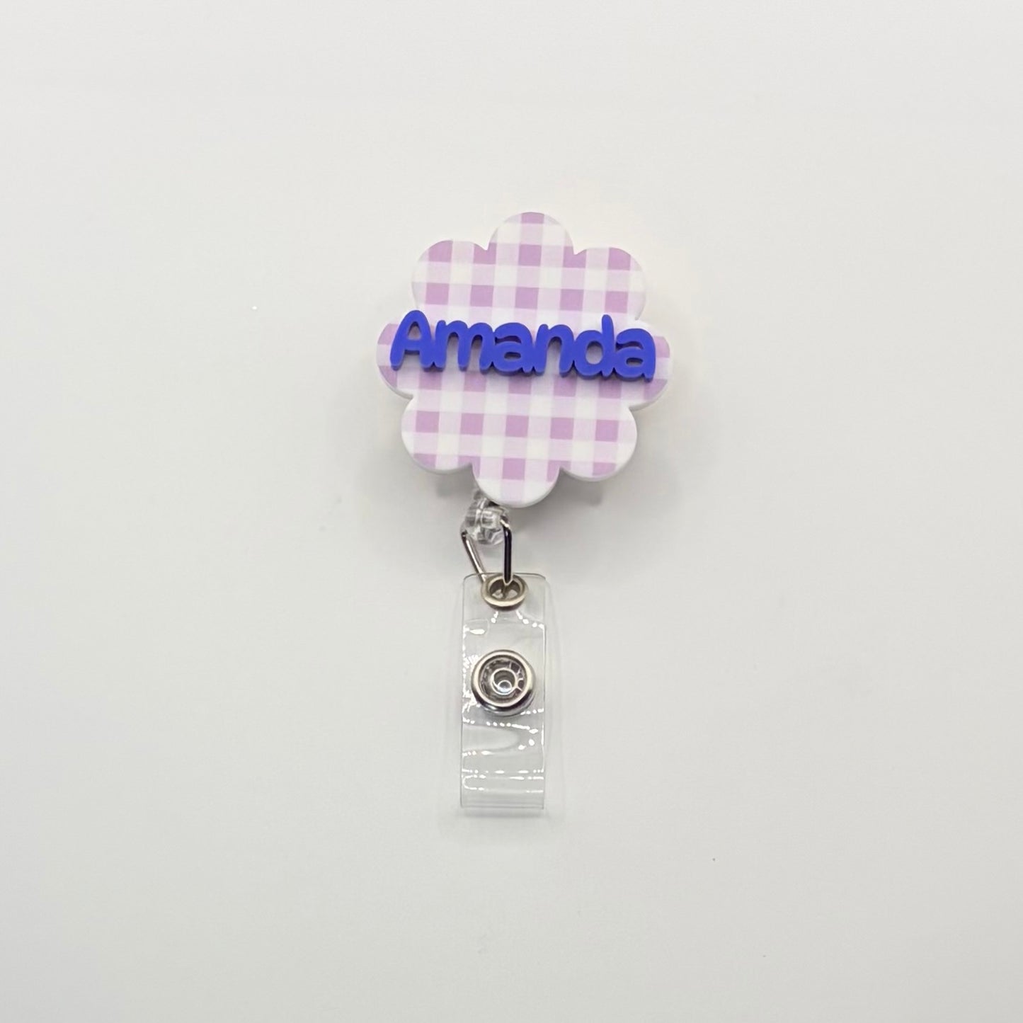 Custom Acrylic Name Badge | Lilac & White Mini Checkerboard Scallop Tag (1.75" x 1.75")