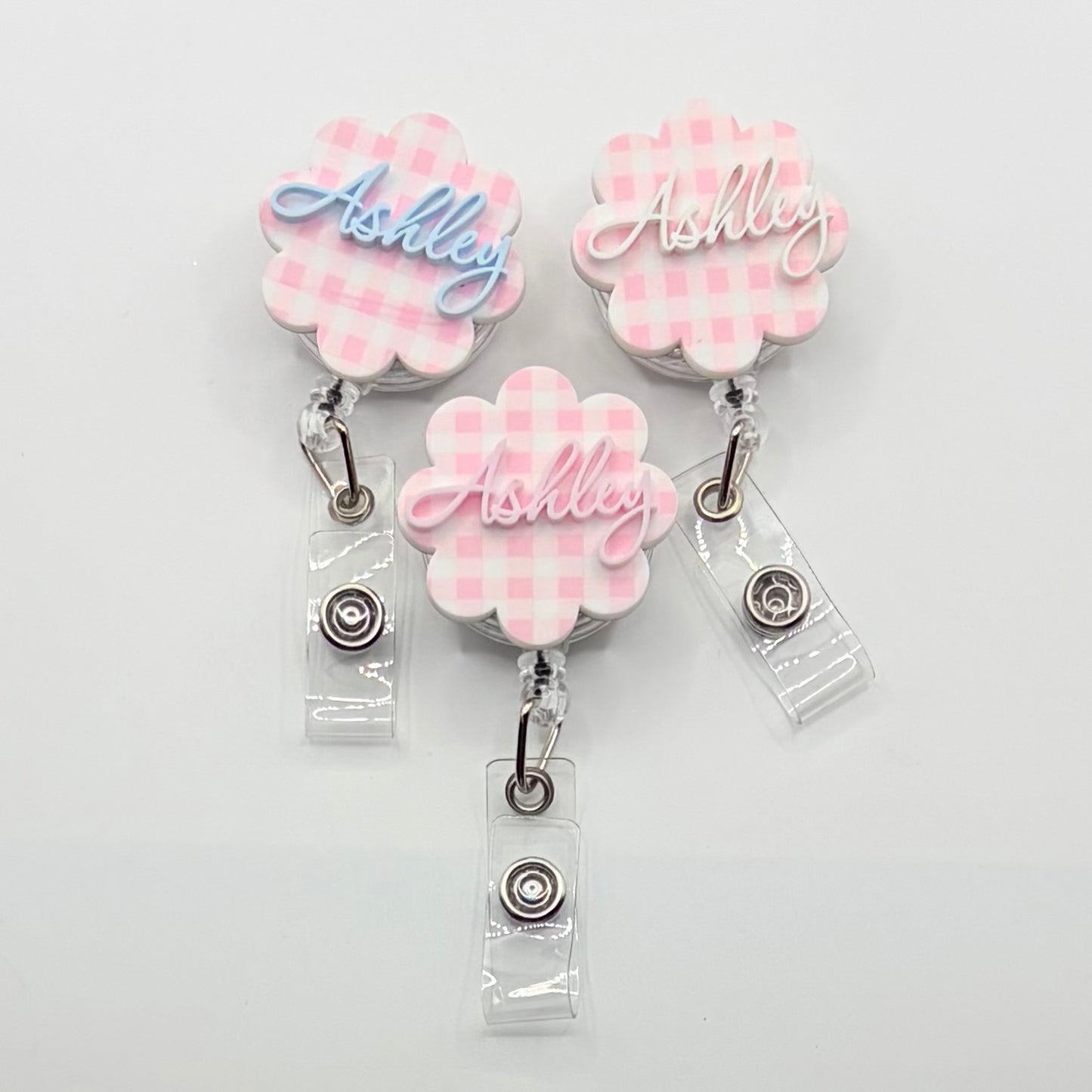Custom Acrylic Name Badge | Pink & White Mini Checkerboard Scallop Tag (1.50" x 1.50")