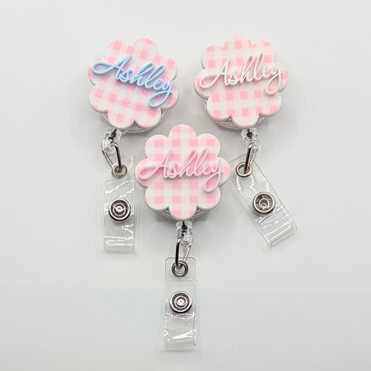 Custom Acrylic Name Badge | Pink & White Mini Checkerboard Scallop Tag (1.50" x 1.50")