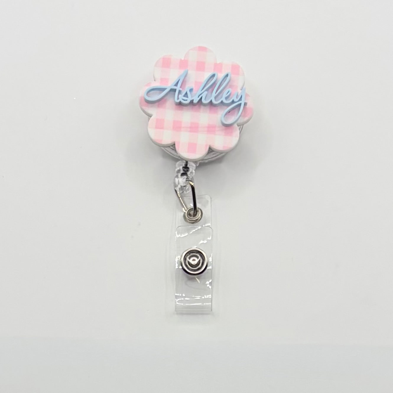 Custom Acrylic Name Badge | Pink & White Mini Checkerboard Scallop Tag (1.50" x 1.50")