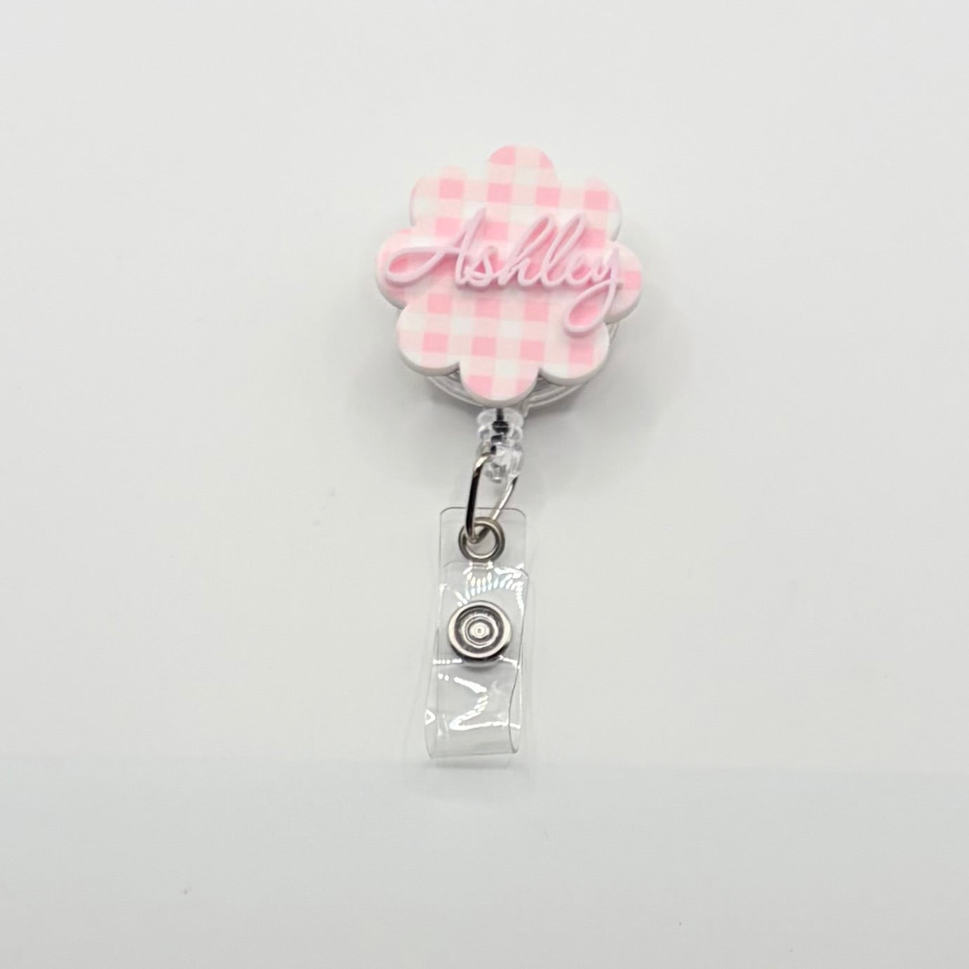 Custom Acrylic Name Badge | Pink & White Mini Checkerboard Scallop Tag (1.50" x 1.50")