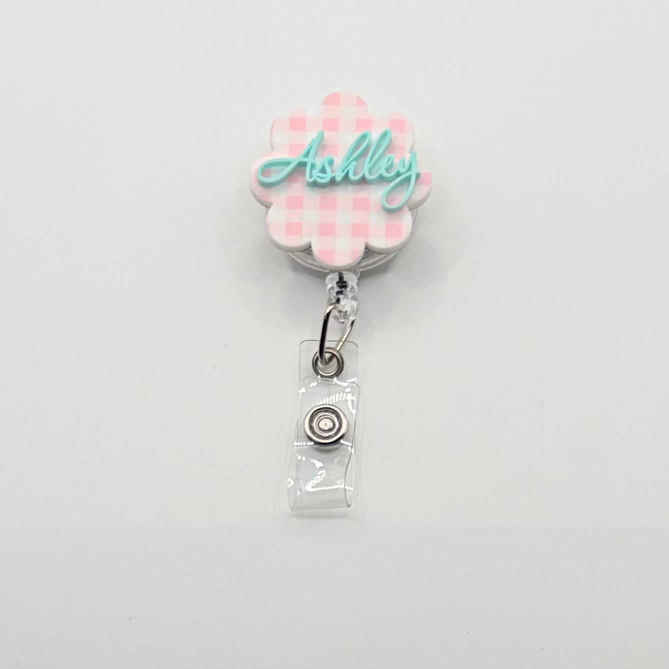Custom Acrylic Name Badge | Pink & White Mini Checkerboard Scallop Tag (1.50" x 1.50")
