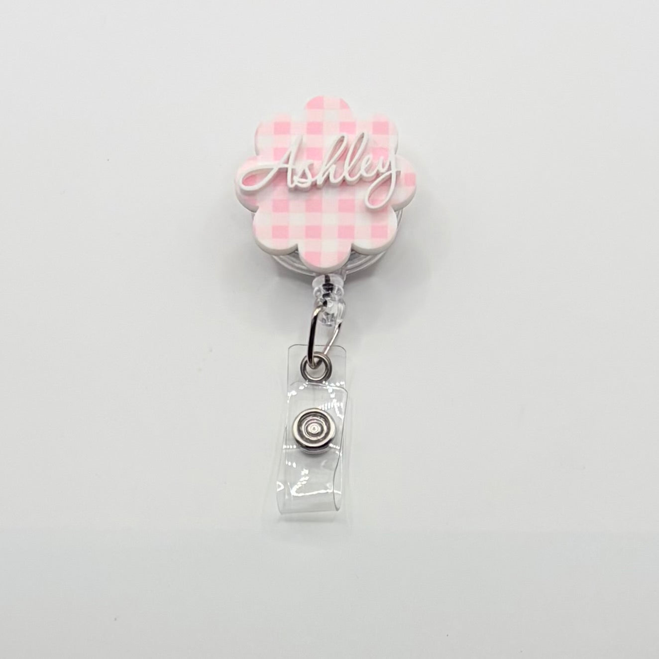Custom Acrylic Name Badge | Pink & White Mini Checkerboard Scallop Tag (1.50" x 1.50")