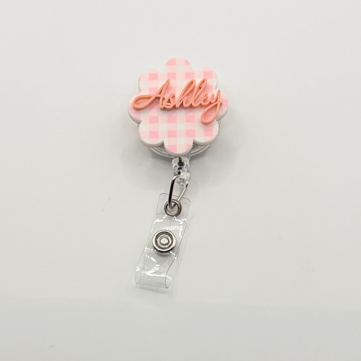Custom Acrylic Name Badge | Pink & White Mini Checkerboard Scallop Tag (1.50" x 1.50")