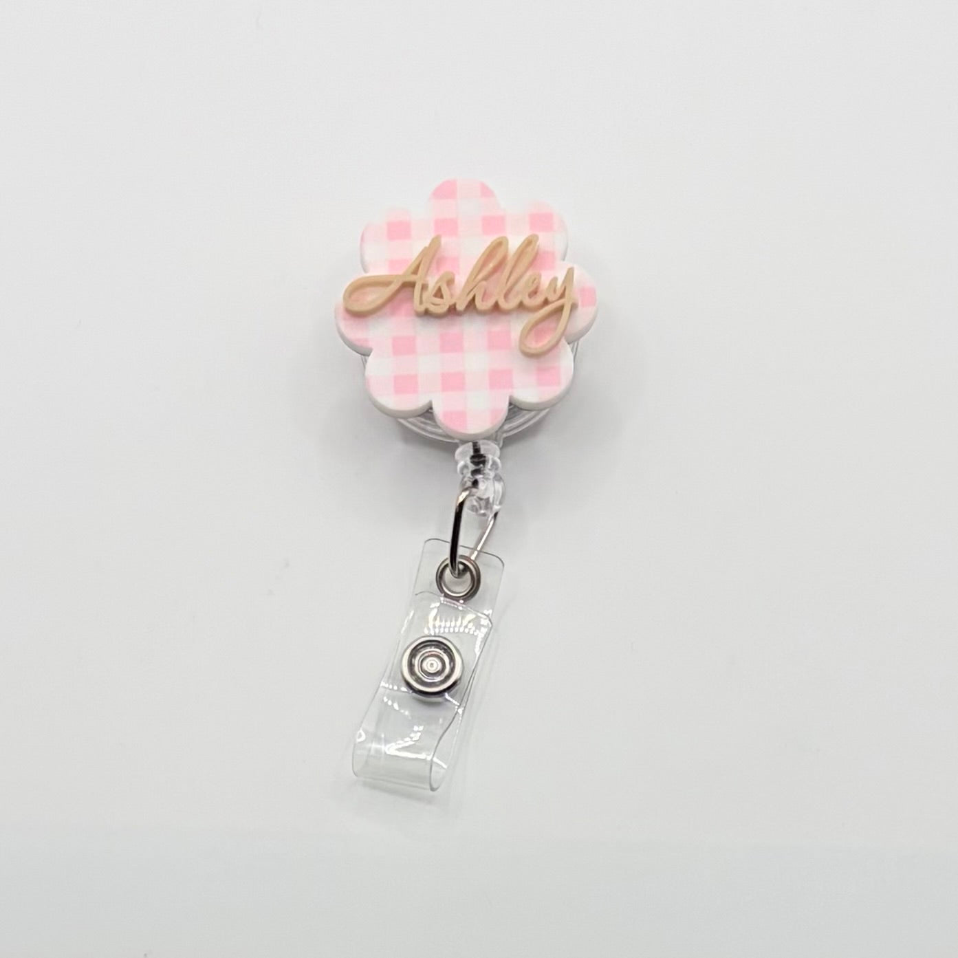 Custom Acrylic Name Badge | Pink & White Mini Checkerboard Scallop Tag (1.50" x 1.50")
