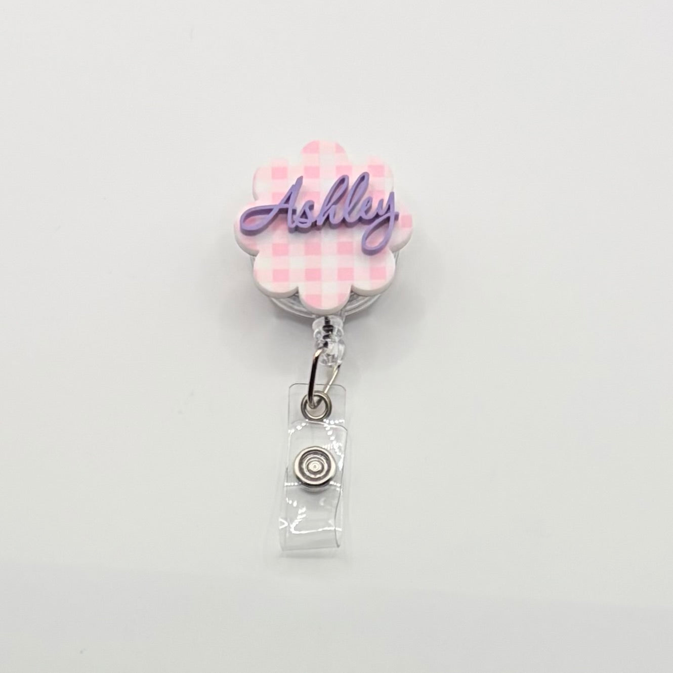 Custom Acrylic Name Badge | Pink & White Mini Checkerboard Scallop Tag (1.50" x 1.50")