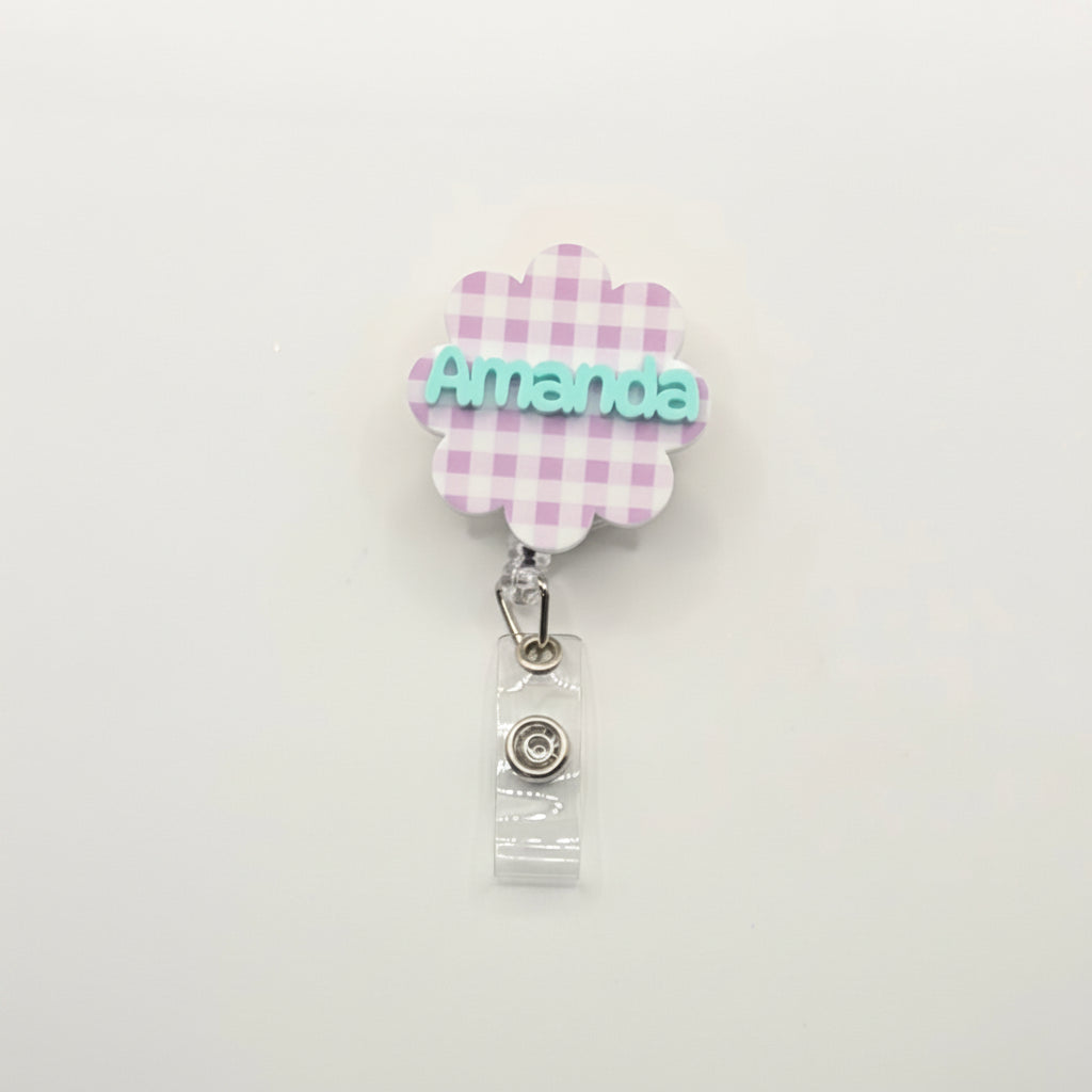 Custom Acrylic Name Badge | Lilac & White Mini Checkerboard Scallop Tag (1.75" x 1.75")