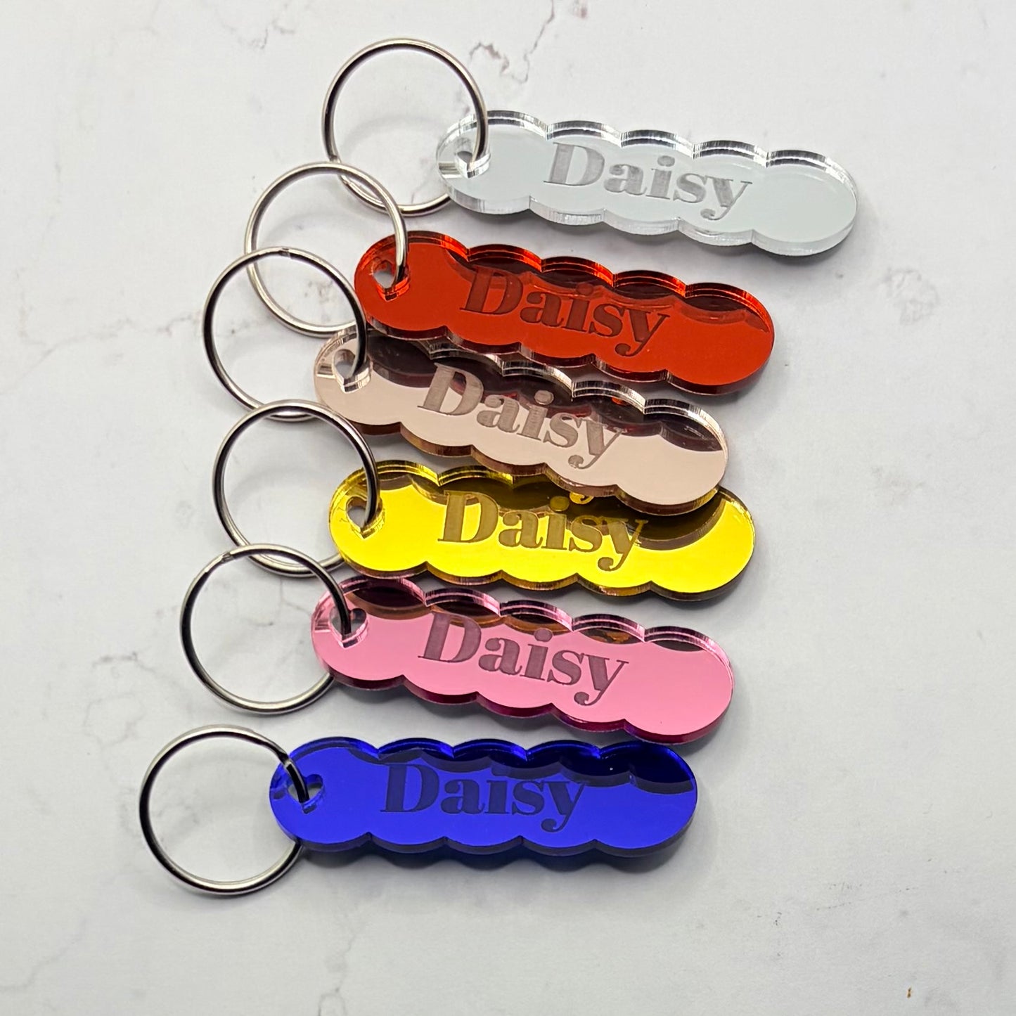 Custom Engraved Mirror Acrylic Keychain | Scallop Name Key Tag with Heart Hole (2.5" x 0.75")