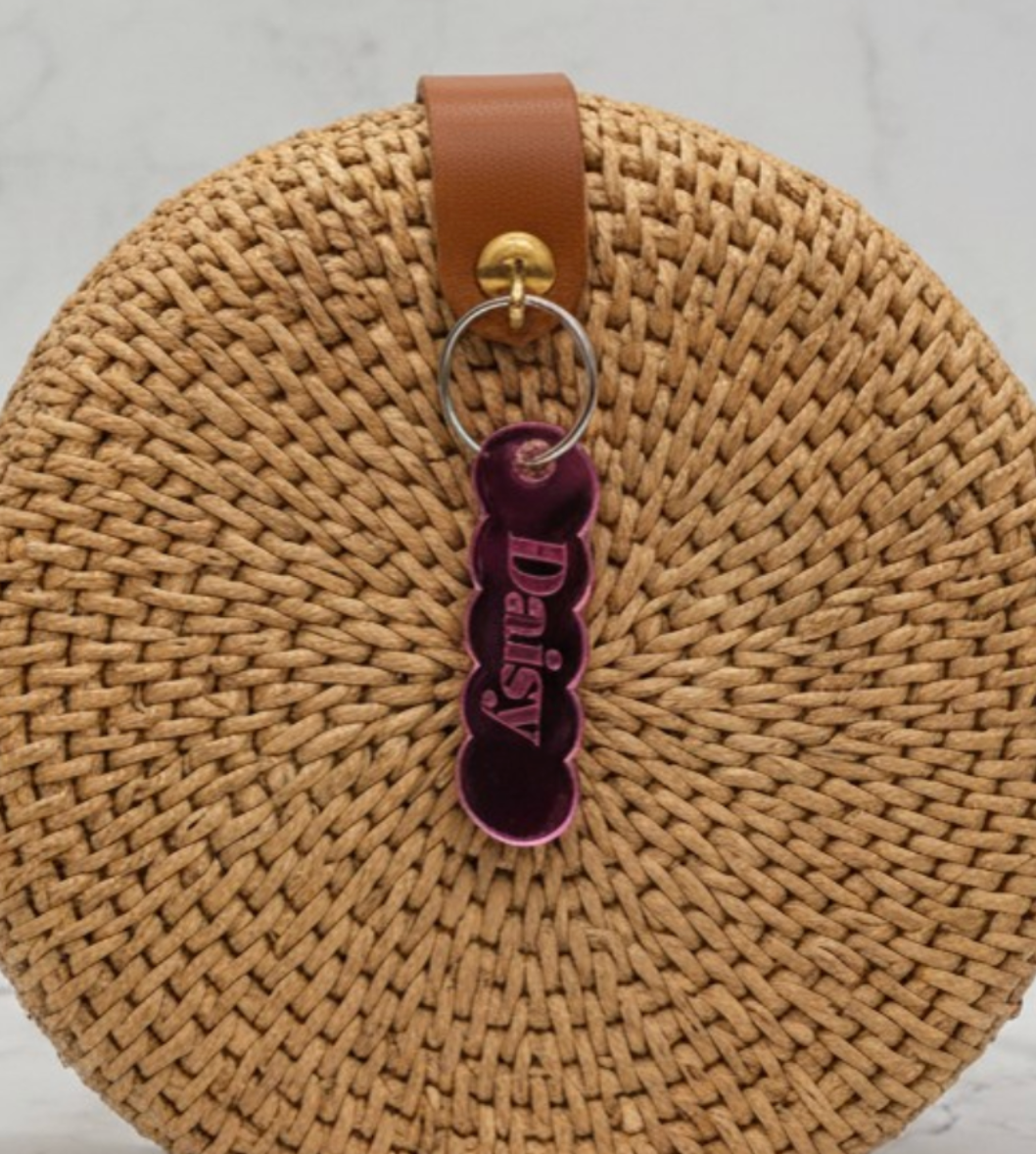 Custom Engraved Mirror Acrylic Keychain | Scallop Name Key Tag with Heart Hole (2.5" x 0.75")