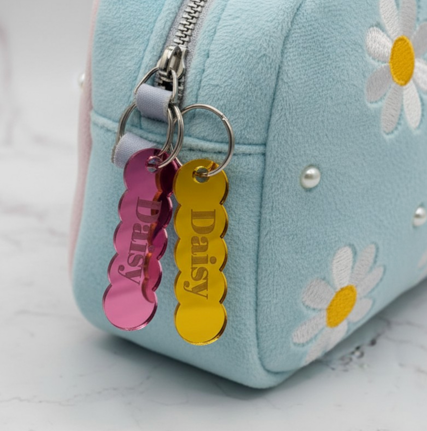 Custom Engraved Mirror Acrylic Keychain | Scallop Name Key Tag with Heart Hole (2.5" x 0.75")