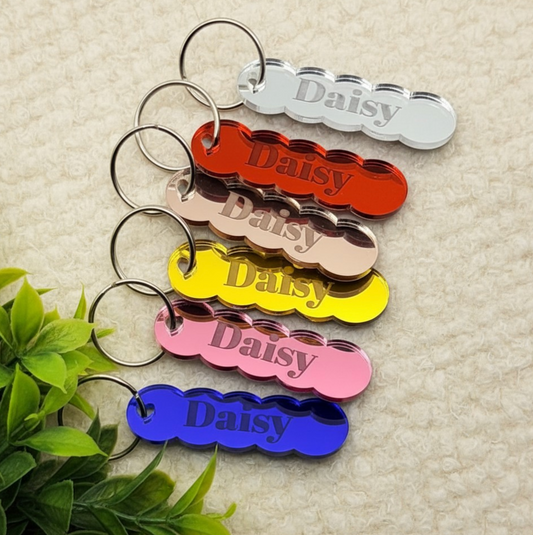 Custom Engraved Mirror Acrylic Keychain | Scallop Name Key Tag with Heart Hole (2.5" x 0.75")